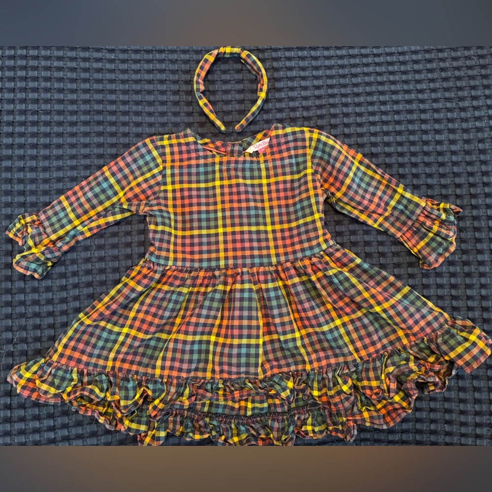 Ruffle Butts toddler girl colorful plaid tunic dress ruffles matching headband